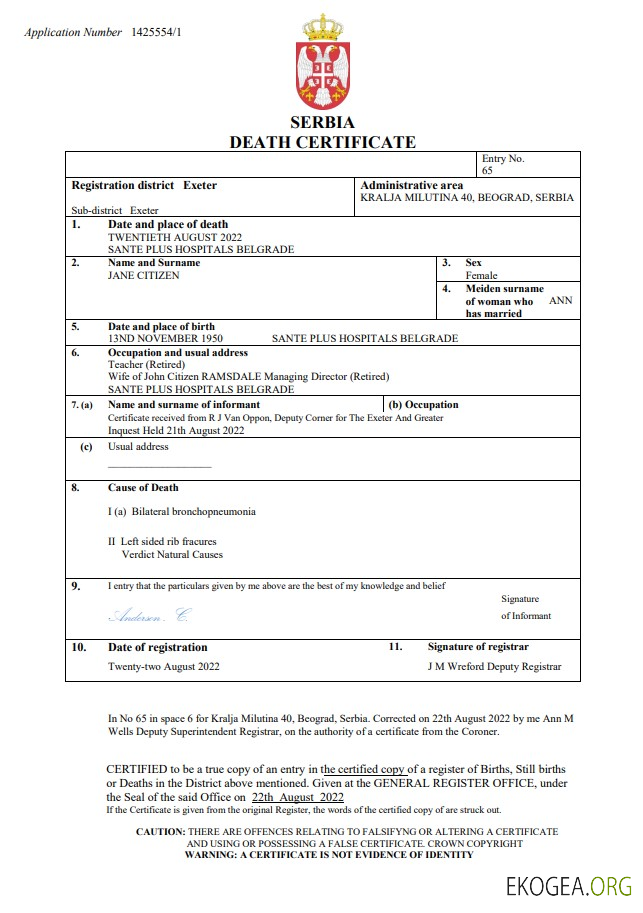 Modèle Word et PDF de certificat de décès en Serbie